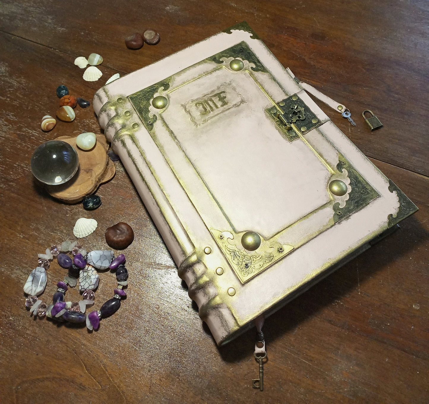 Personalized Pink Leather Grimoire – Engraved Book of Shadows with Antique Lock, Handmade Journal