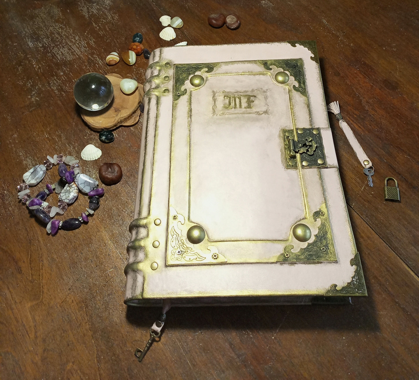 Personalized Pink Leather Grimoire – Engraved Book of Shadows with Antique Lock, Handmade Journal