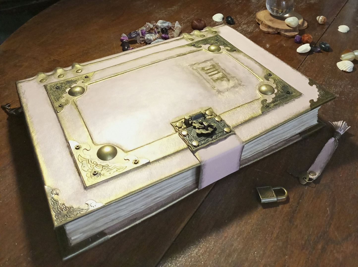 Personalized Pink Leather Grimoire – Engraved Book of Shadows with Antique Lock, Handmade Journal