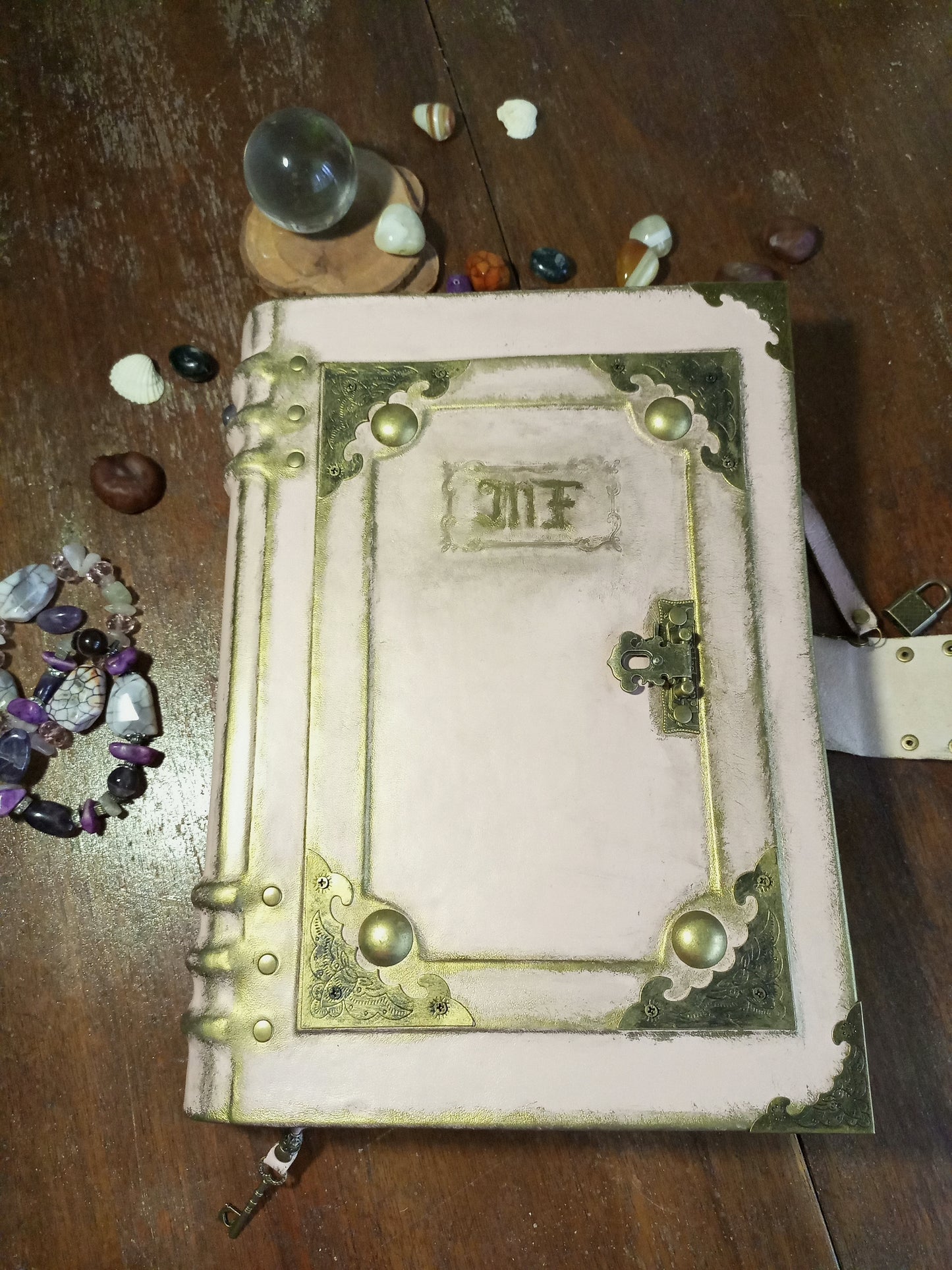 Personalized Pink Leather Grimoire – Engraved Book of Shadows with Antique Lock, Handmade Journal