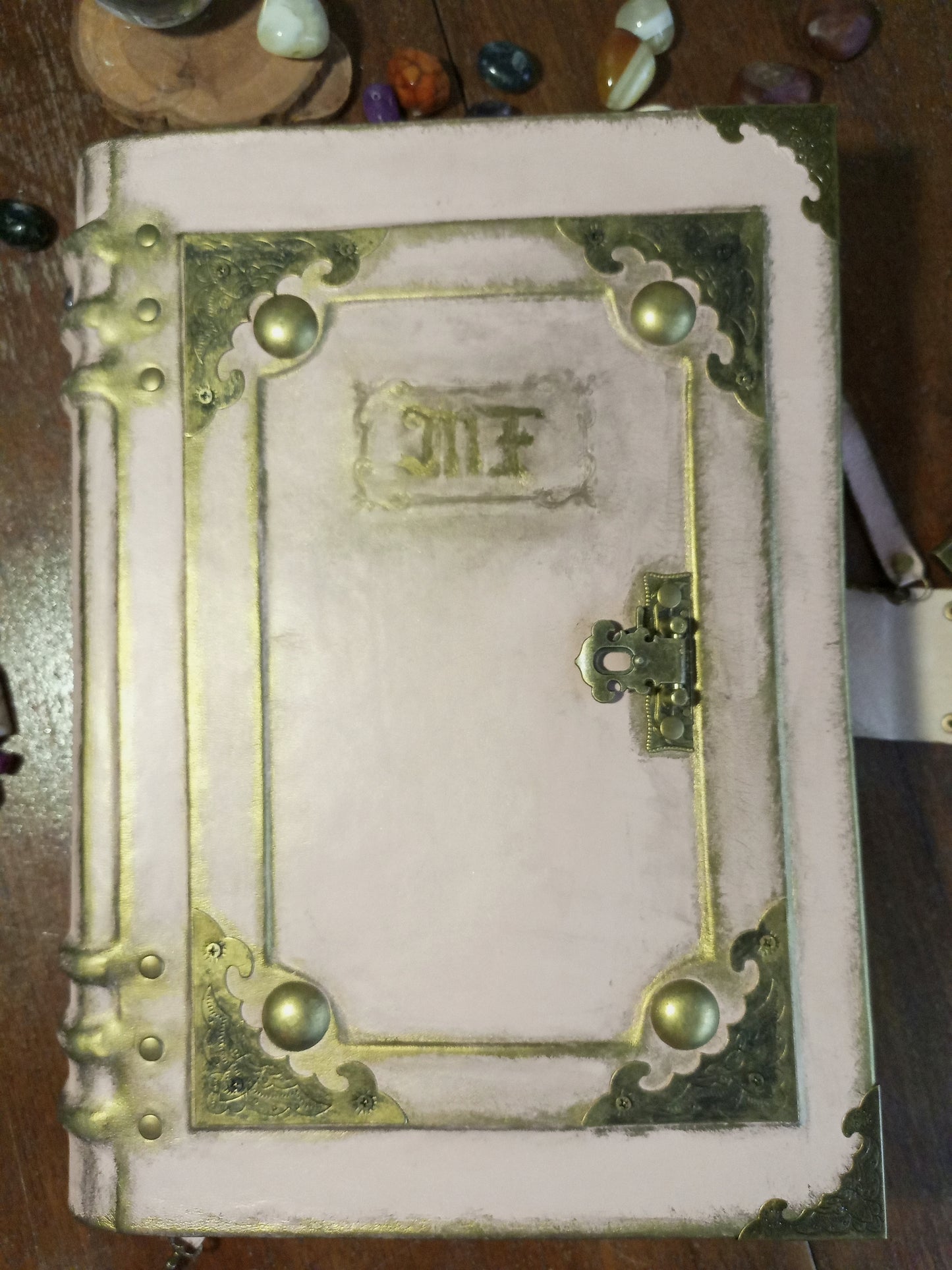 Personalized Pink Leather Grimoire – Engraved Book of Shadows with Antique Lock, Handmade Journal