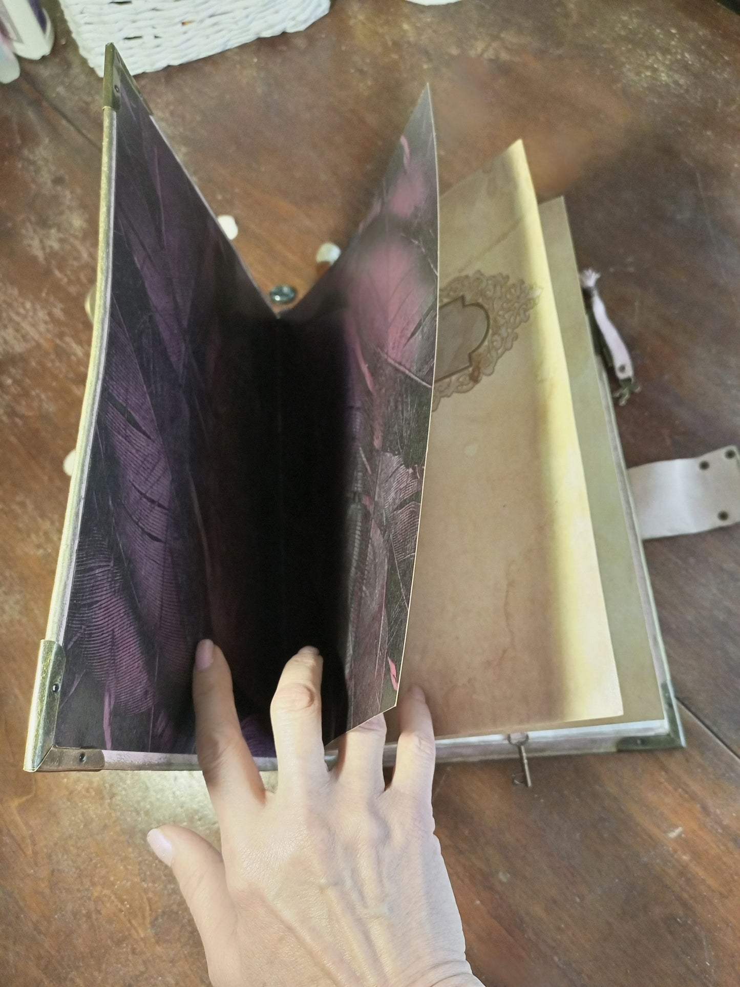 Personalized Pink Leather Grimoire – Engraved Book of Shadows with Antique Lock, Handmade Journal