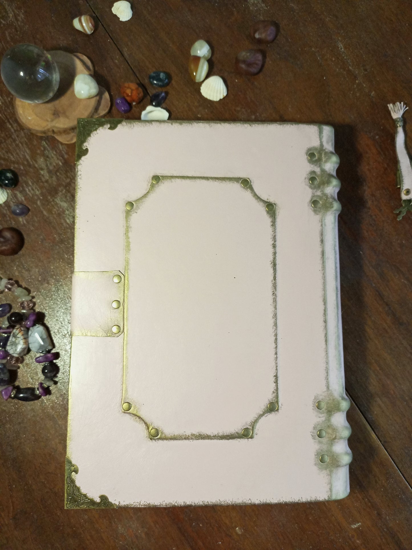 Personalized Pink Leather Grimoire – Engraved Book of Shadows with Antique Lock, Handmade Journal