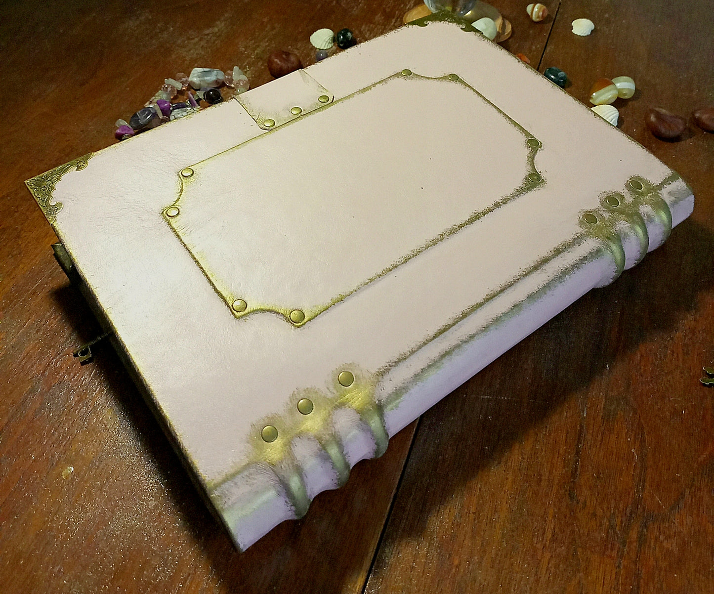 Personalized Pink Leather Grimoire – Engraved Book of Shadows with Antique Lock, Handmade Journal