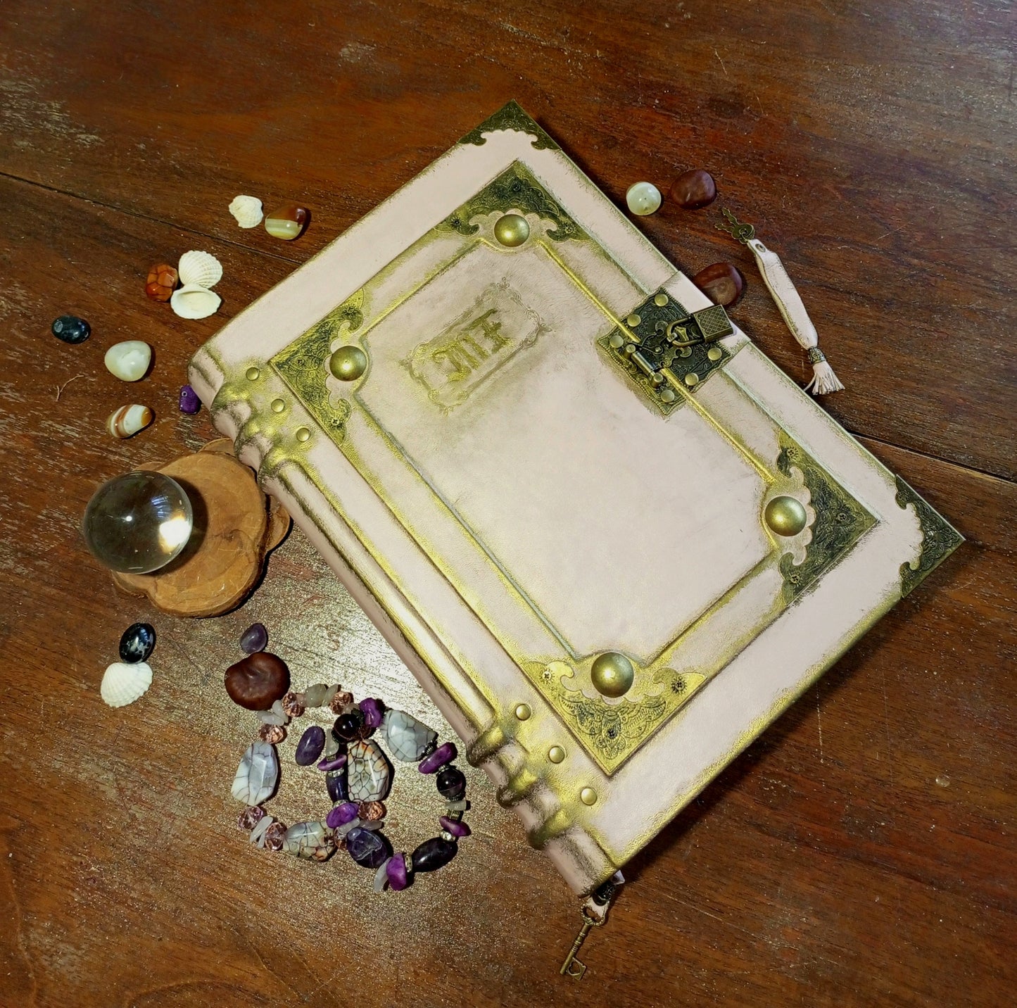 Personalized Pink Leather Grimoire – Engraved Book of Shadows with Antique Lock, Handmade Journal