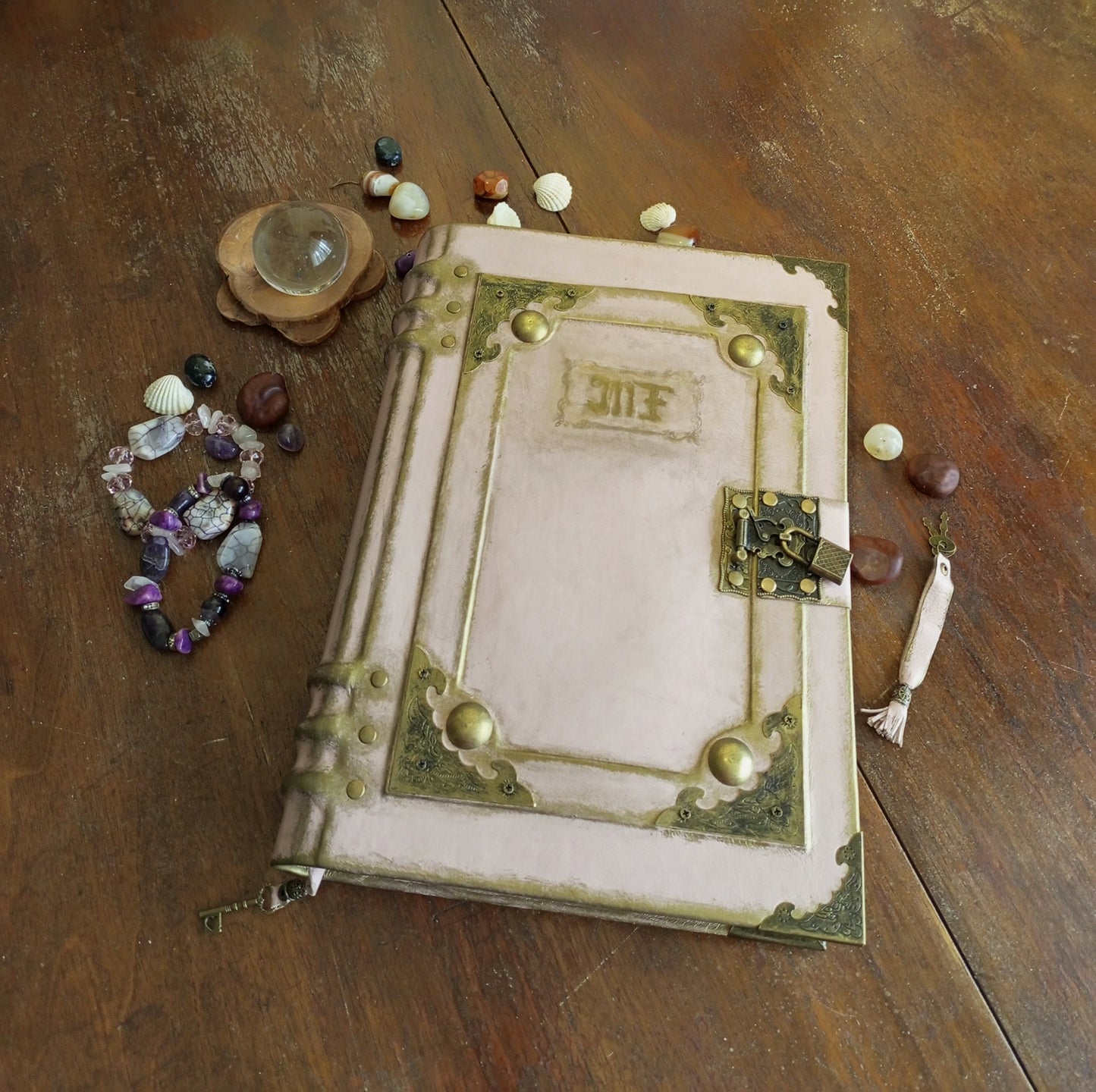 Personalized Pink Leather Grimoire – Engraved Book of Shadows with Antique Lock, Handmade Journal