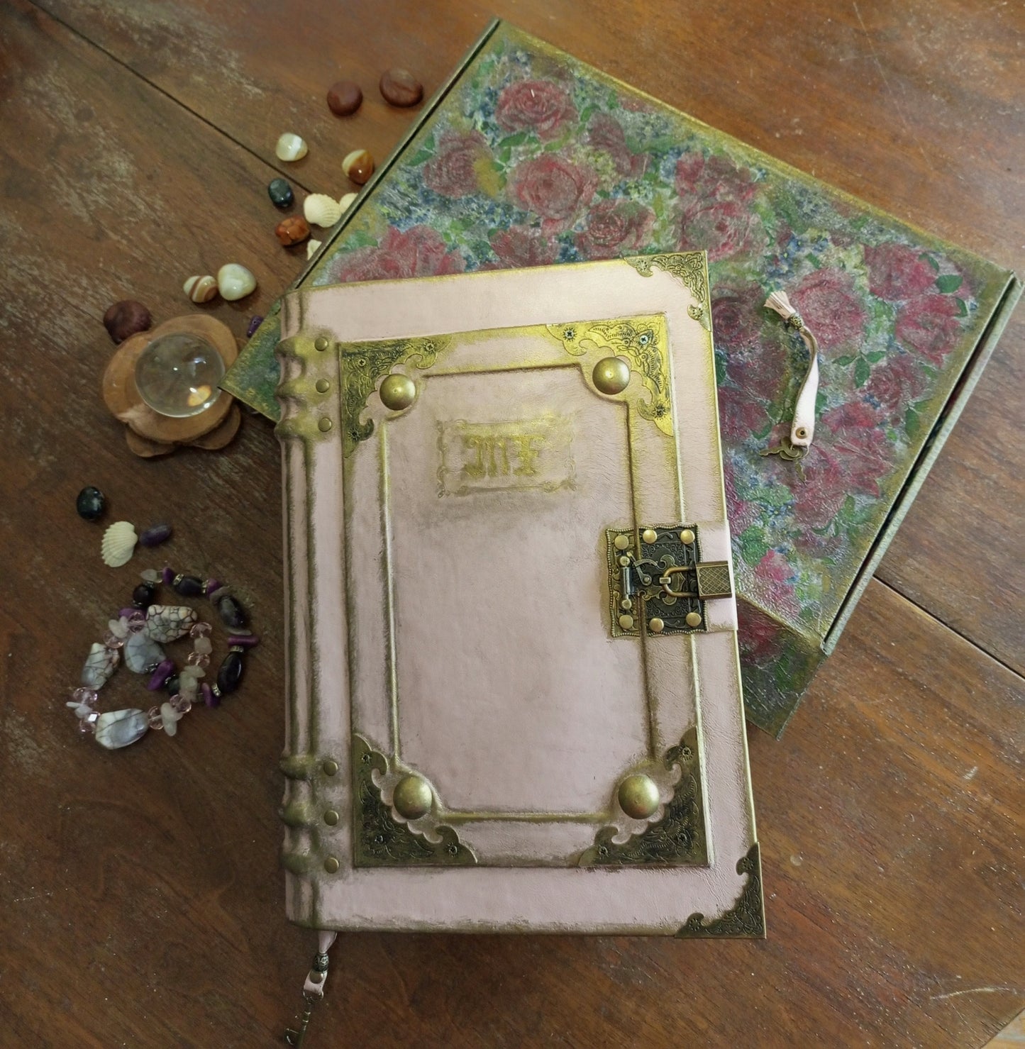 Personalized Pink Leather Grimoire – Engraved Book of Shadows with Antique Lock, Handmade Journal