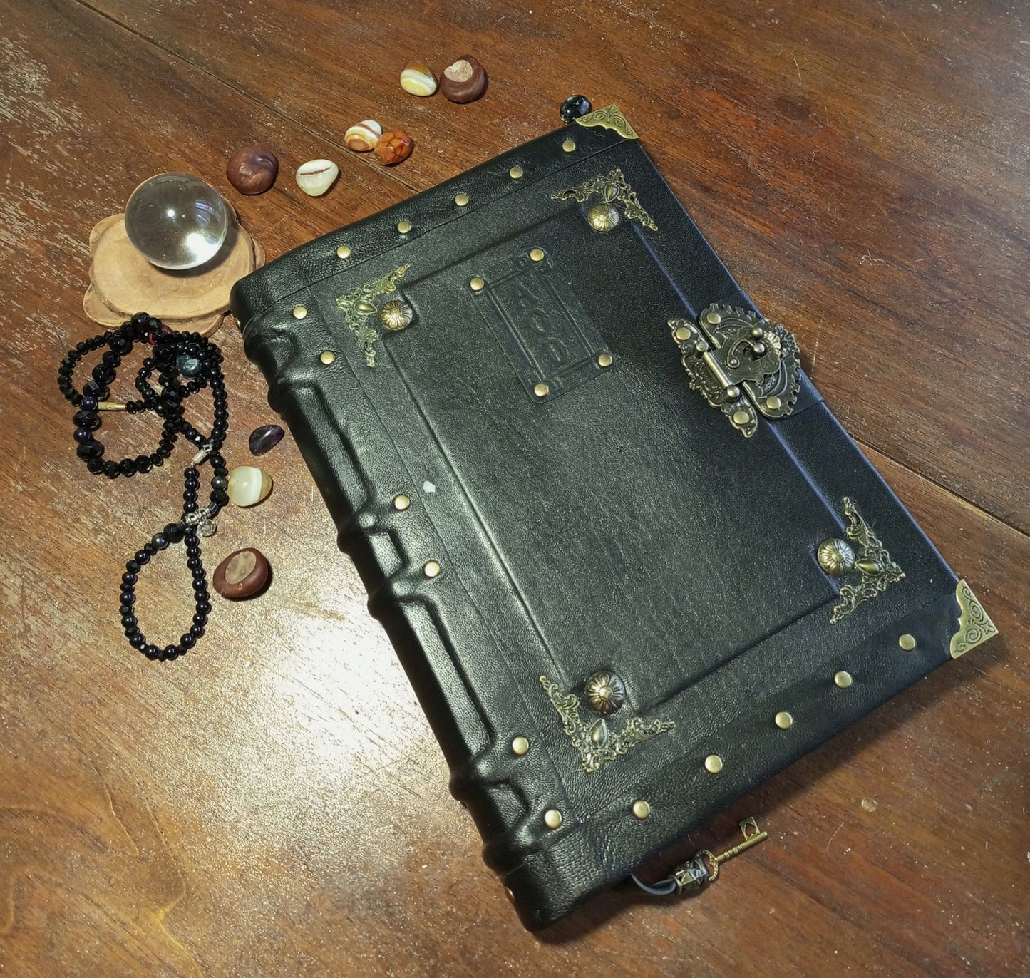Personalized Black Leather Journal with Engraving – Handmade Hardcover Grimoire Spellbook