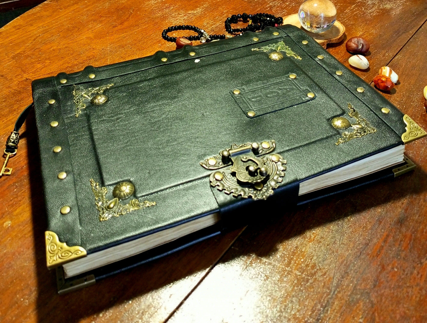 Personalized Black Leather Journal with Engraving – Handmade Hardcover Grimoire Spellbook
