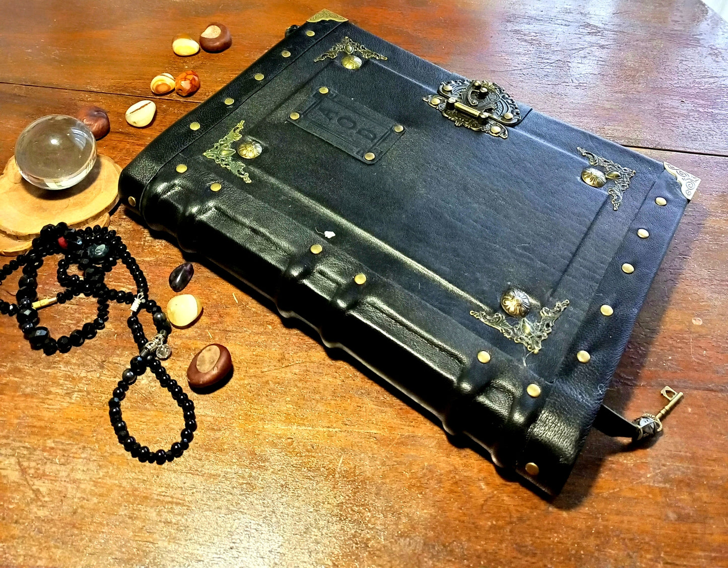 Personalized Black Leather Journal with Engraving – Handmade Hardcover Grimoire Spellbook