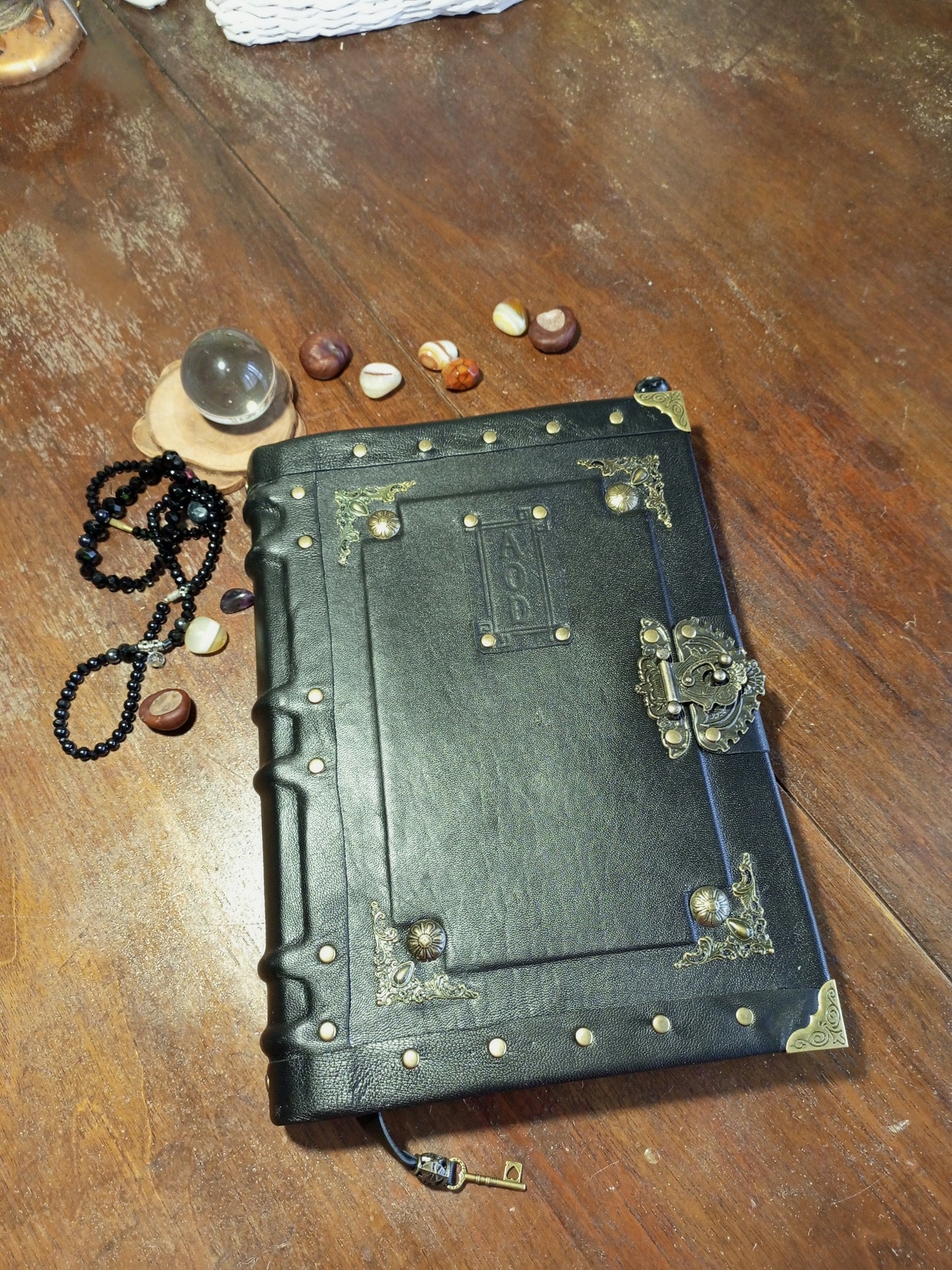 Personalized Black Leather Journal with Engraving – Handmade Hardcover Grimoire Spellbook
