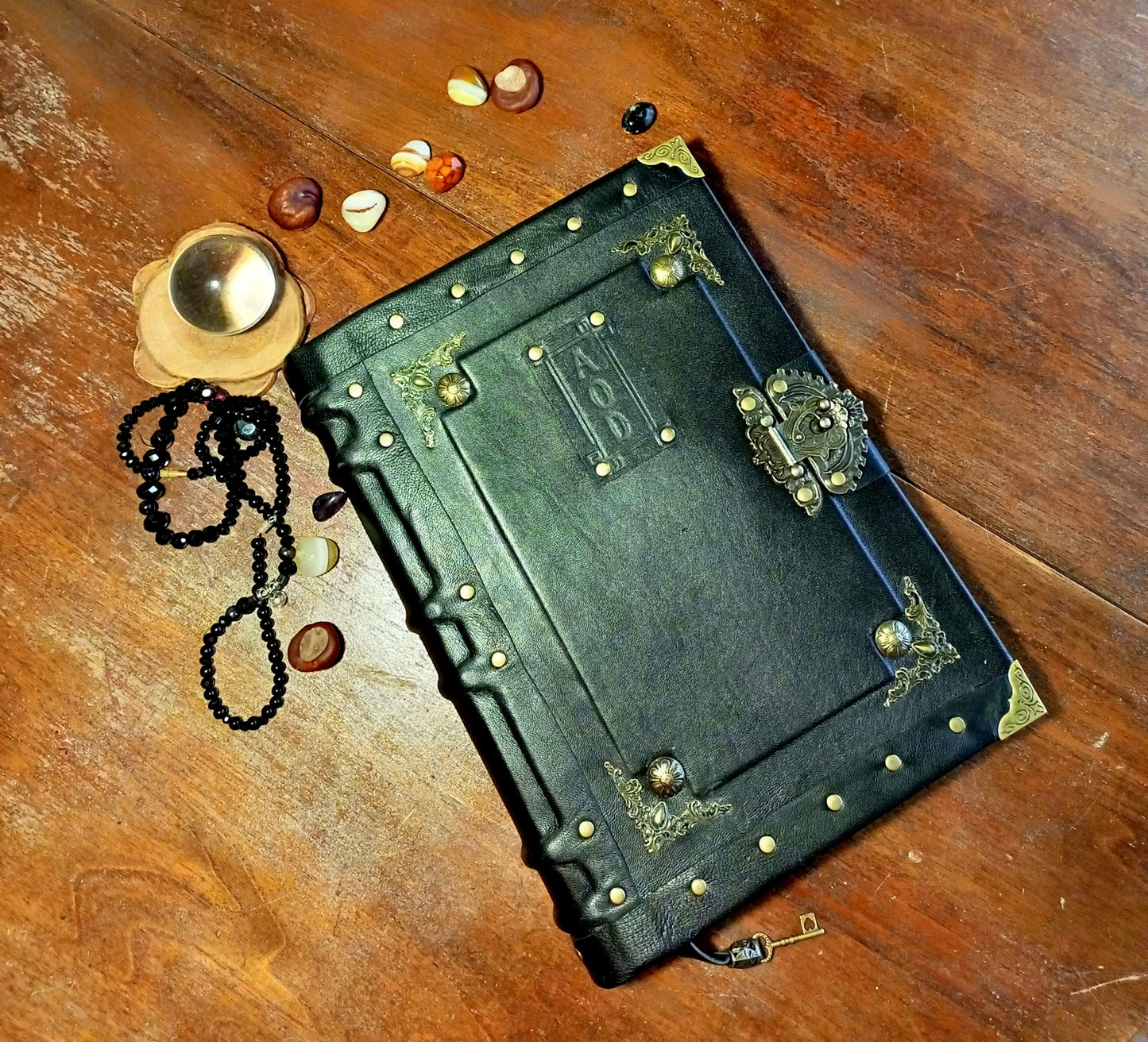 Personalized Black Leather Journal with Engraving – Handmade Hardcover Grimoire Spellbook