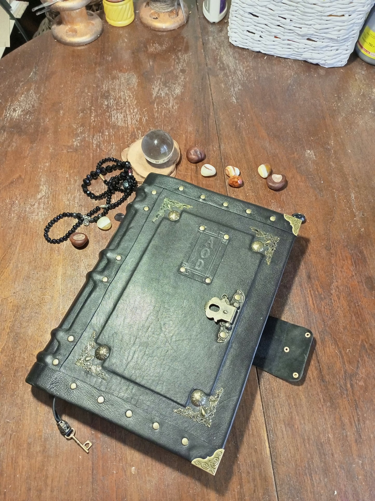 Personalized Black Leather Journal with Engraving – Handmade Hardcover Grimoire Spellbook