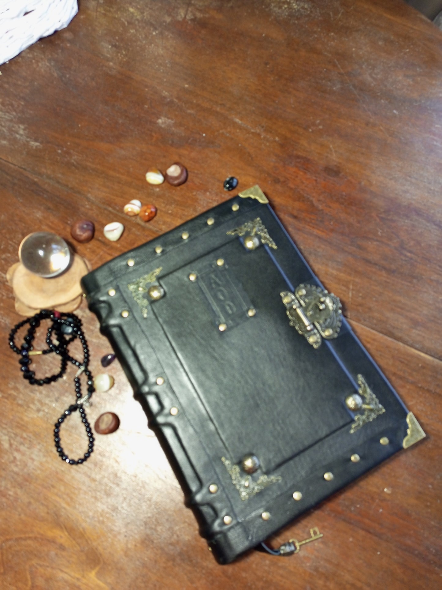 Personalized Black Leather Journal with Engraving – Handmade Hardcover Grimoire Spellbook