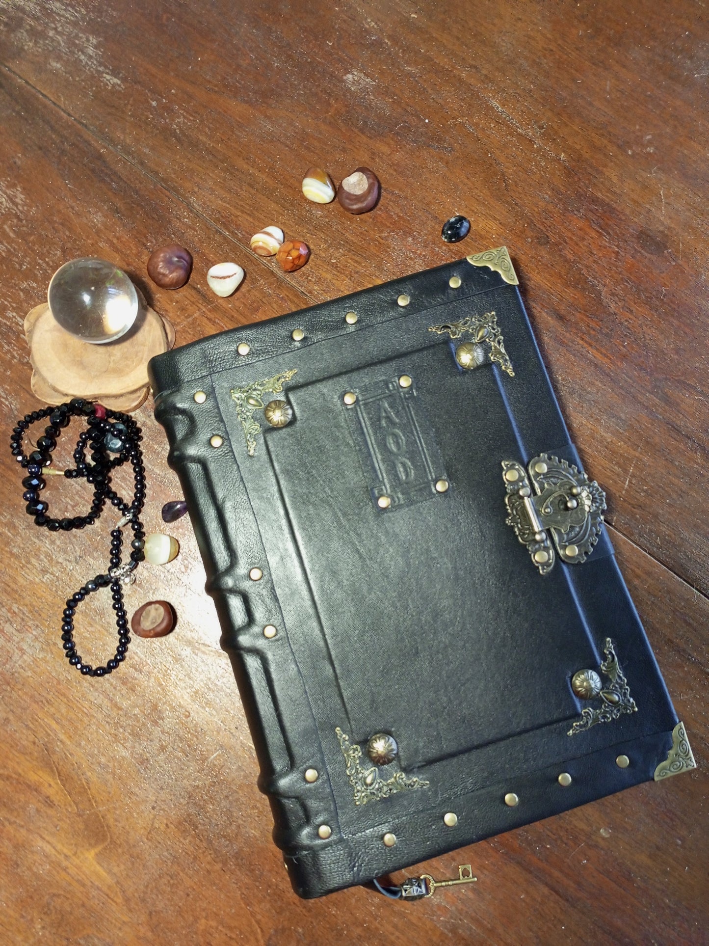 Personalized Black Leather Journal with Engraving – Handmade Hardcover Grimoire Spellbook