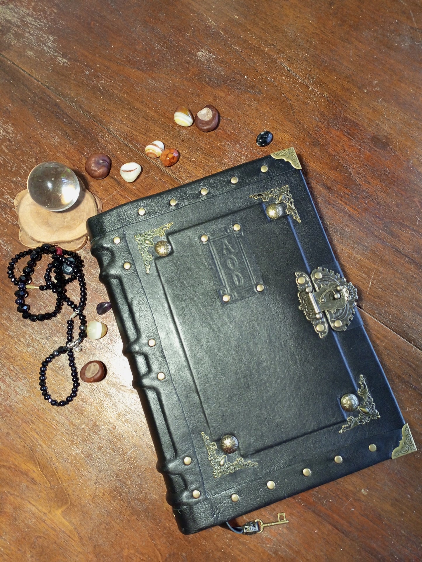 Personalized Black Leather Journal with Engraving – Handmade Hardcover Grimoire Spellbook