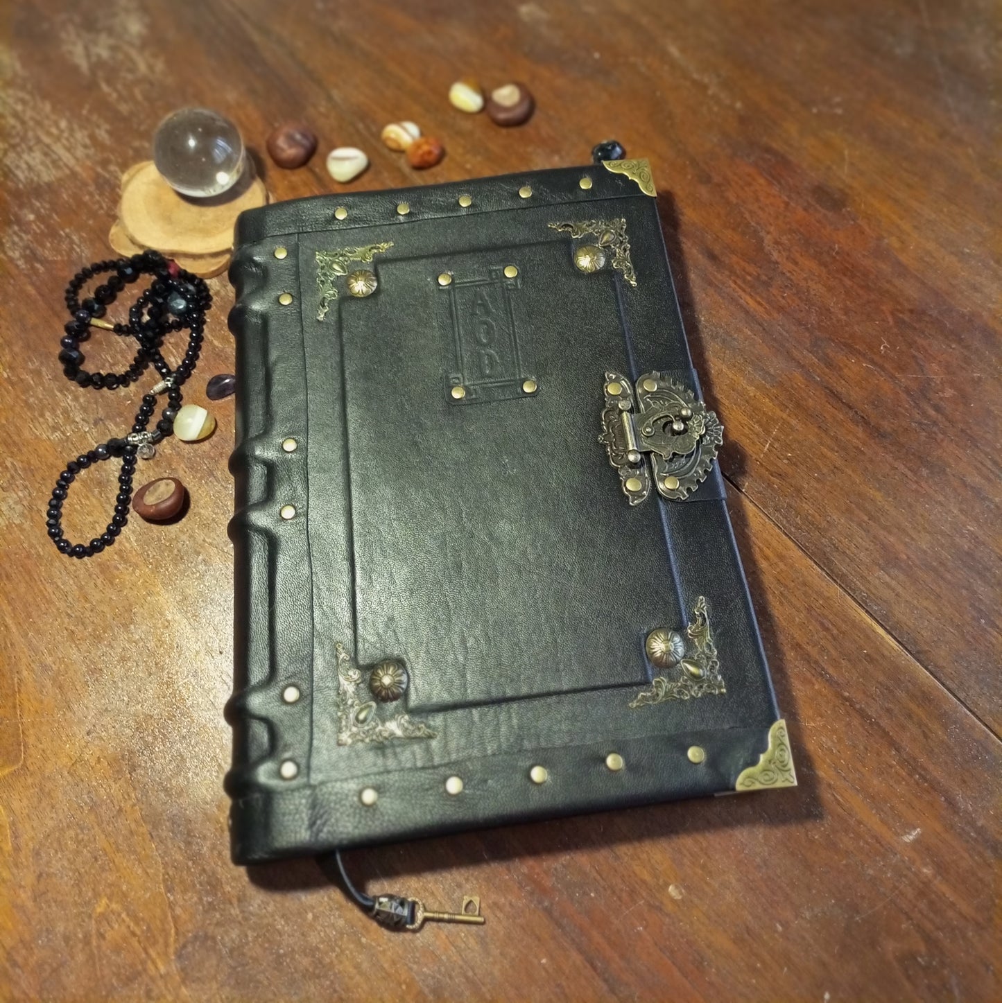 Personalized Black Leather Journal with Engraving – Handmade Hardcover Grimoire Spellbook