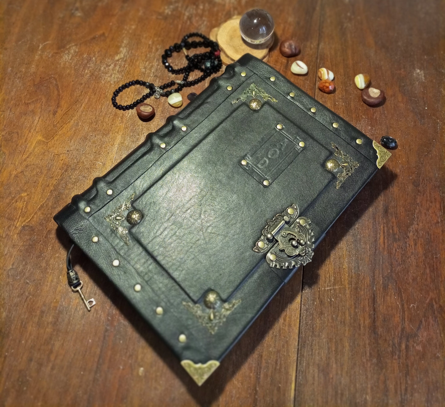 Personalized Black Leather Journal with Engraving – Handmade Hardcover Grimoire Spellbook