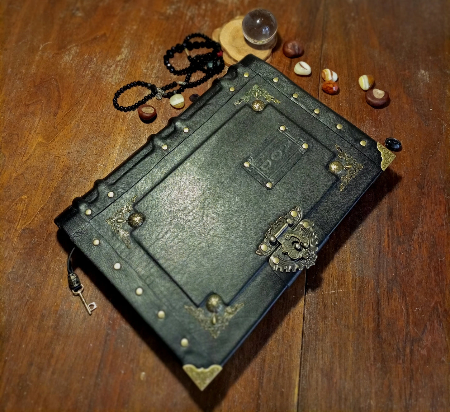 Personalized Black Leather Journal with Engraving – Handmade Hardcover Grimoire Spellbook