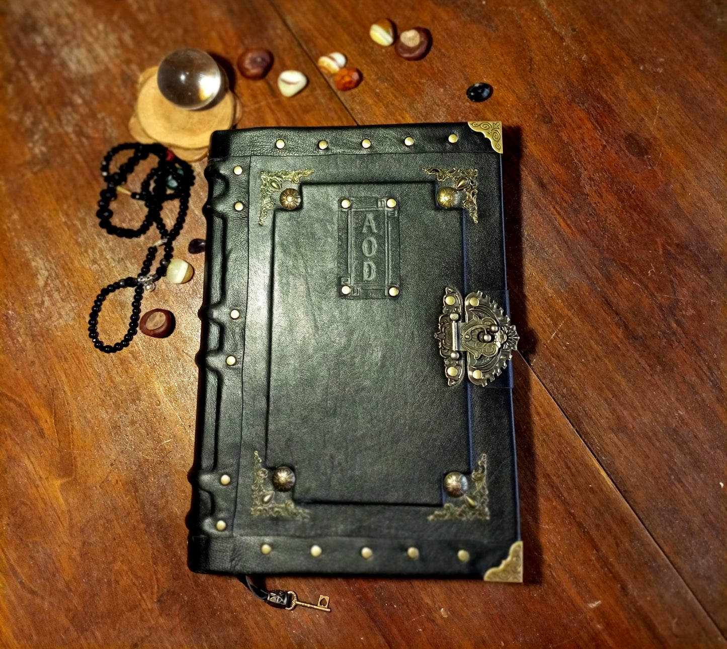 Personalized Black Leather Journal with Engraving – Handmade Hardcover Grimoire Spellbook