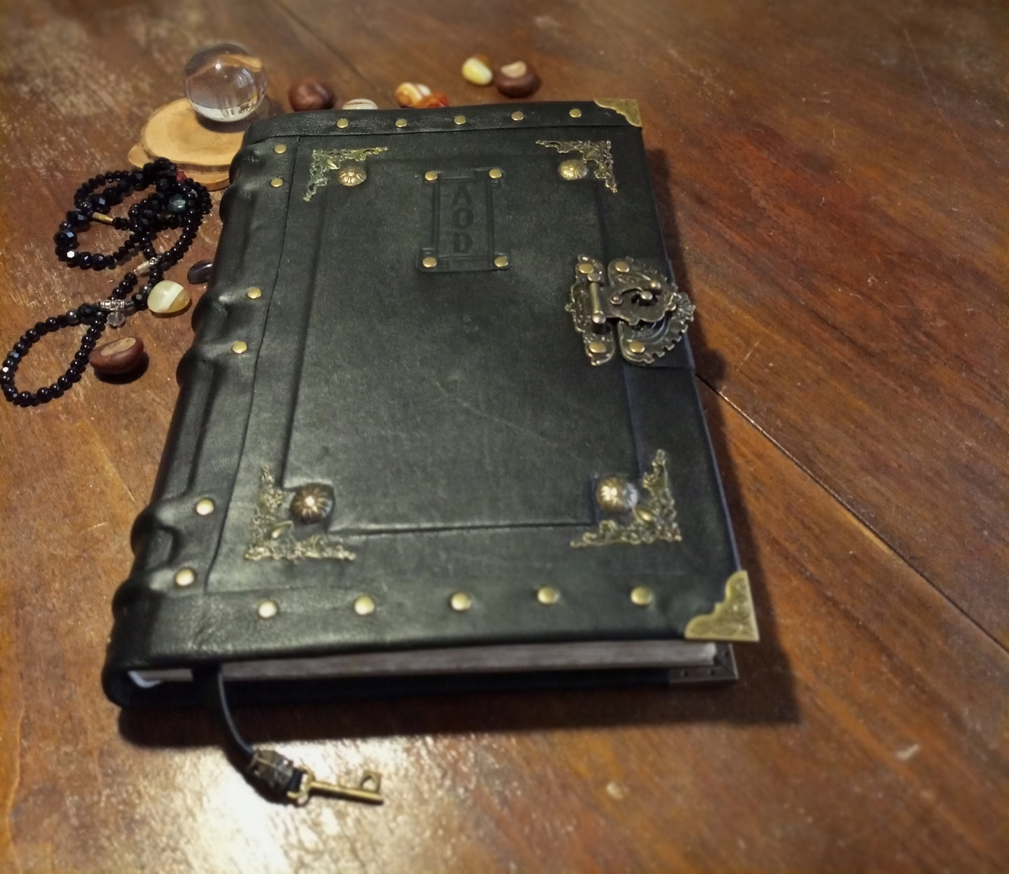 Personalized Black Leather Journal with Engraving – Handmade Hardcover Grimoire Spellbook