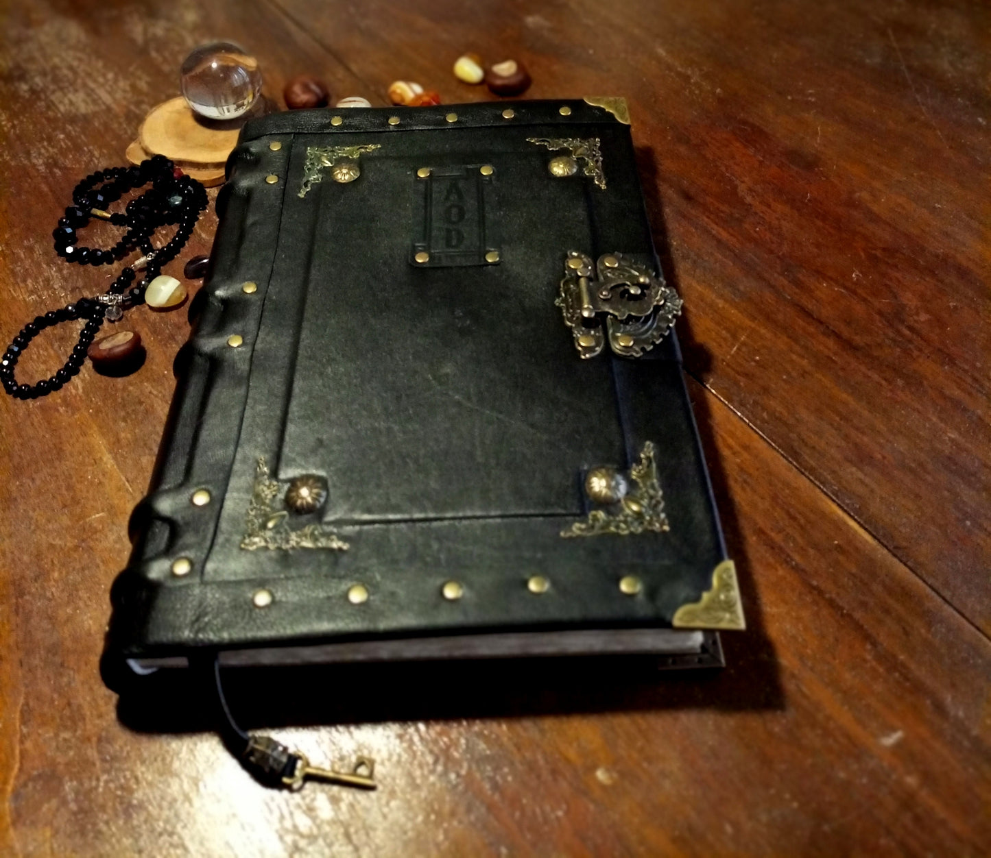Personalized Black Leather Journal with Engraving – Handmade Hardcover Grimoire Spellbook