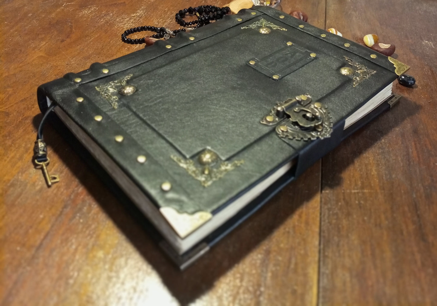 Personalized Black Leather Journal with Engraving – Handmade Hardcover Grimoire Spellbook