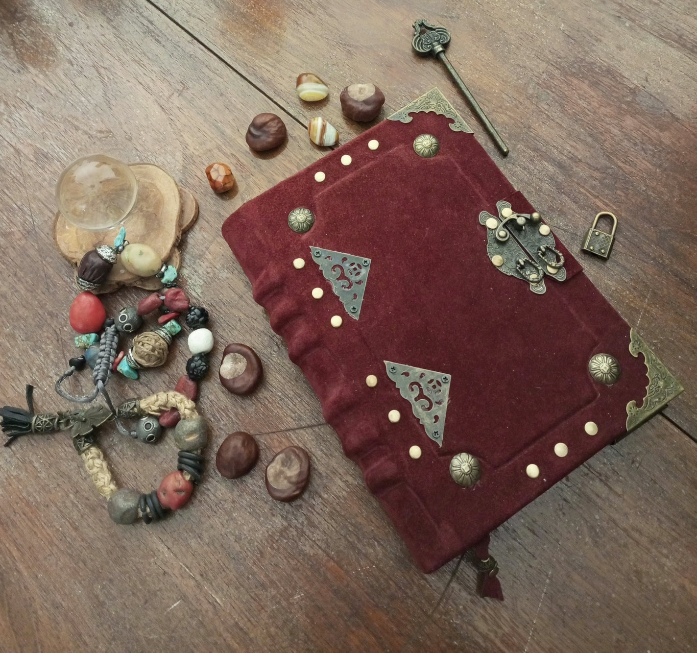 Blood Red Suede Leather Grimoire with Antique Lock – Handmade Bordeaux Journal, Book of Shadows