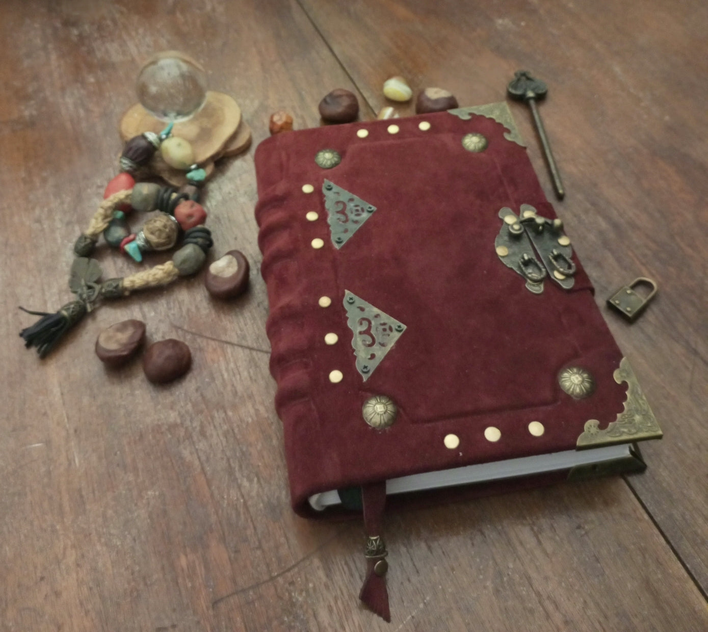 Blood Red Suede Leather Grimoire with Antique Lock – Handmade Bordeaux Journal, Book of Shadows