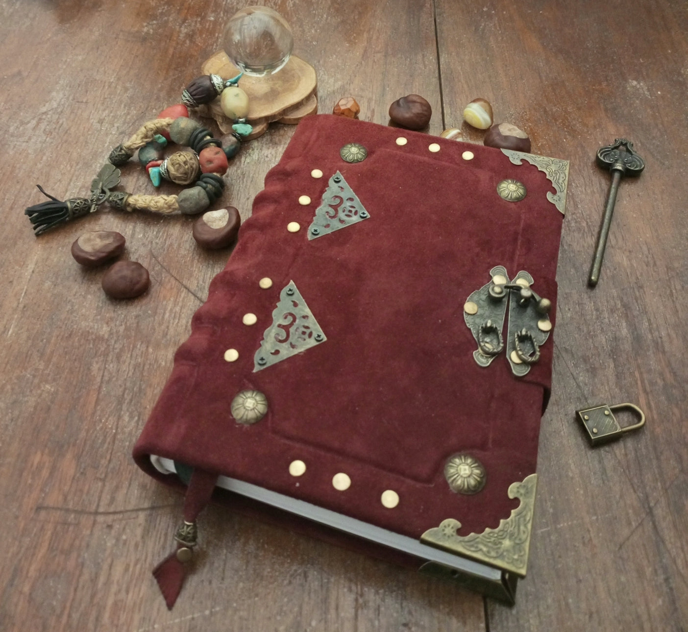 Blood Red Suede Leather Grimoire with Antique Lock – Handmade Bordeaux Journal, Book of Shadows