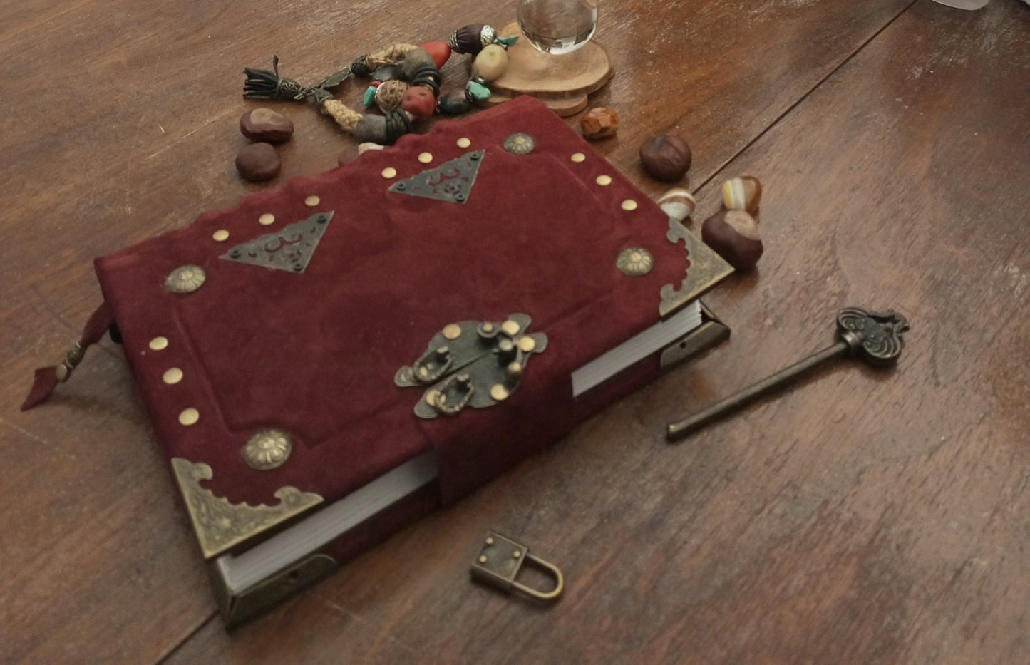Blood Red Suede Leather Grimoire with Antique Lock – Handmade Bordeaux Journal, Book of Shadows
