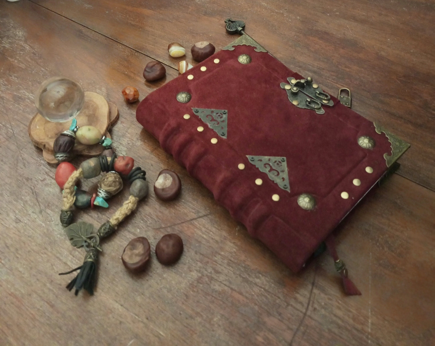 Blood Red Suede Leather Grimoire with Antique Lock – Handmade Bordeaux Journal, Book of Shadows