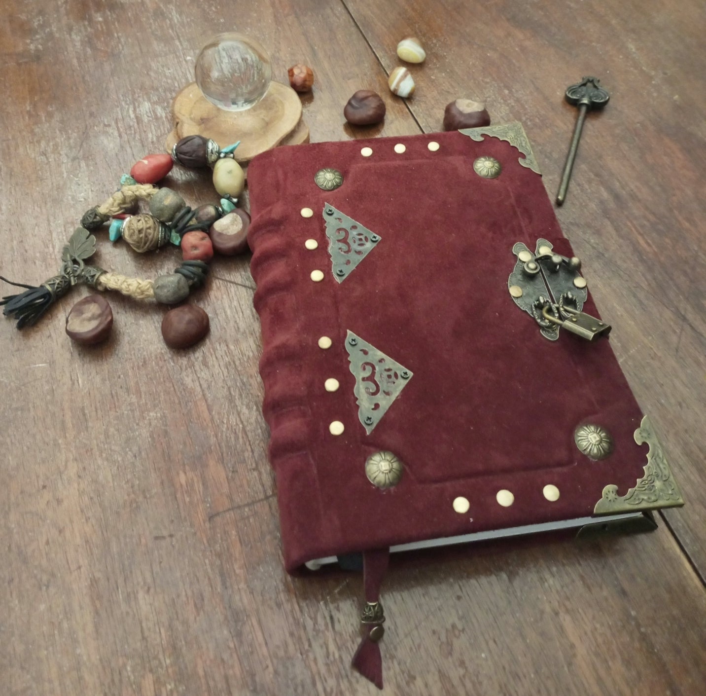 Blood Red Suede Leather Grimoire with Antique Lock – Handmade Bordeaux Journal, Book of Shadows