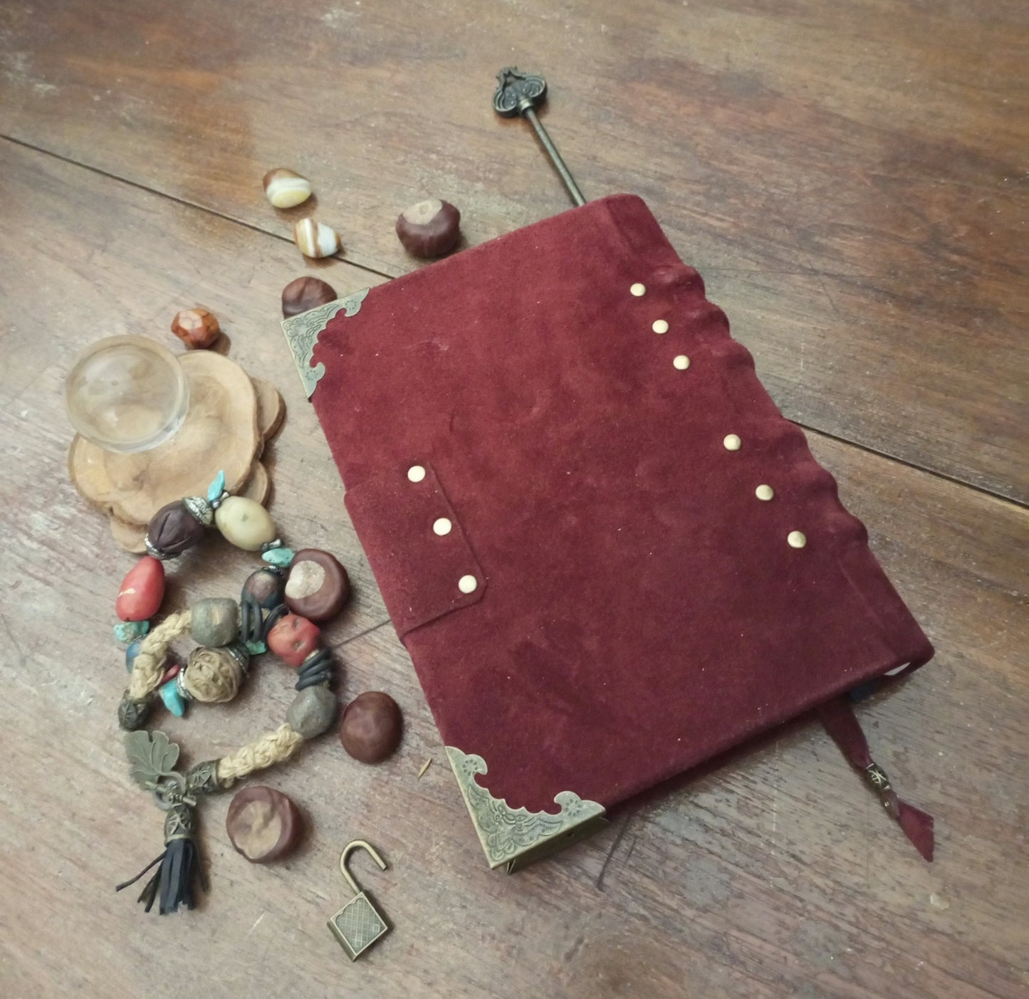 Blood Red Suede Leather Grimoire with Antique Lock – Handmade Bordeaux Journal, Book of Shadows