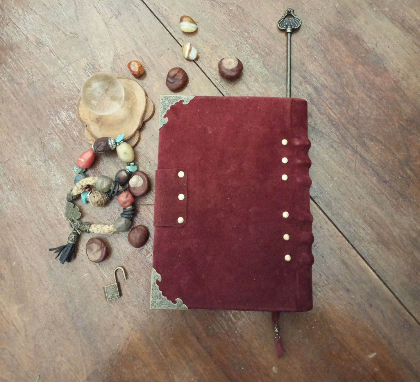 Blood Red Suede Leather Grimoire with Antique Lock – Handmade Bordeaux Journal, Book of Shadows