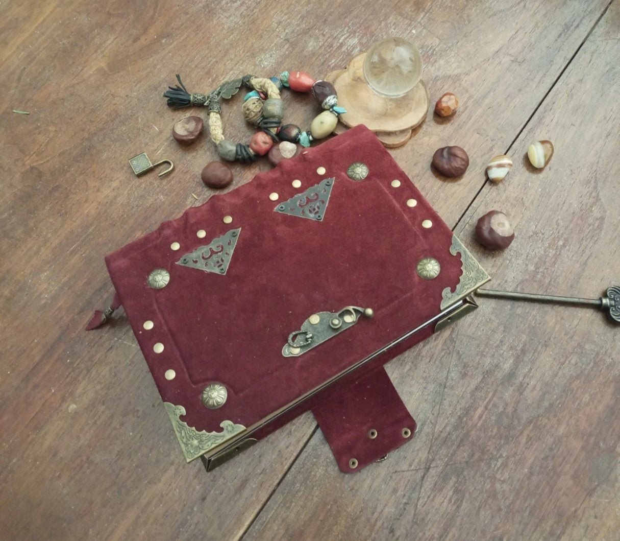 Blood Red Suede Leather Grimoire with Antique Lock – Handmade Bordeaux Journal, Book of Shadows