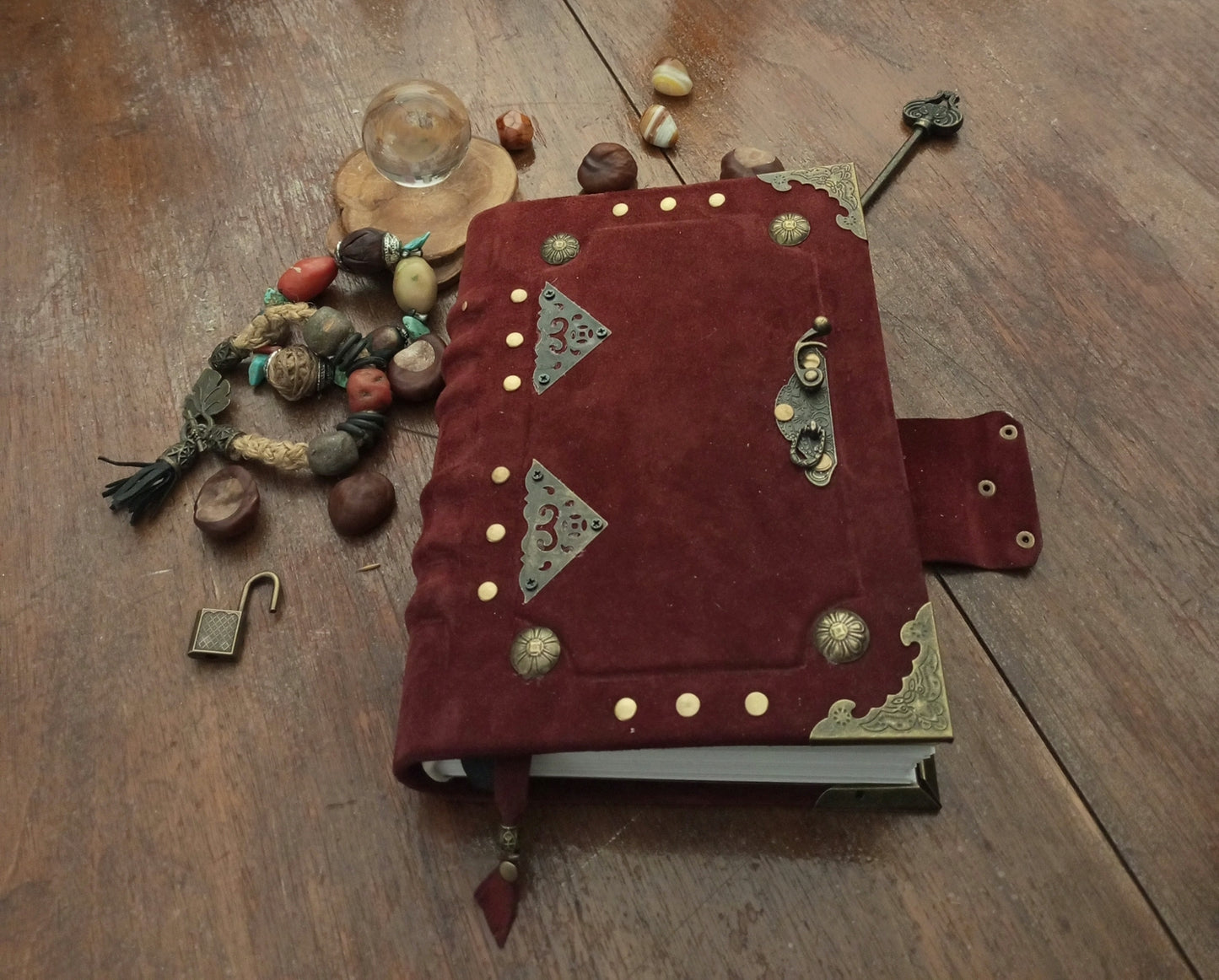 Blood Red Suede Leather Grimoire with Antique Lock – Handmade Bordeaux Journal, Book of Shadows