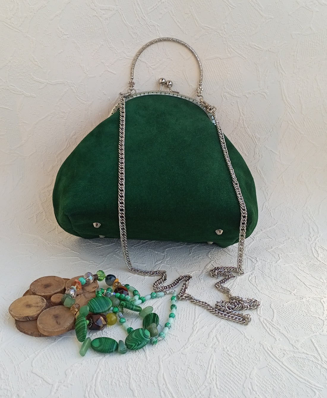 Emerald Green Suede Kisslock Bag – Vintage Leather Frame Handbag with Silver Clasp, Chain Strap Bohemian Shoulder Purse
