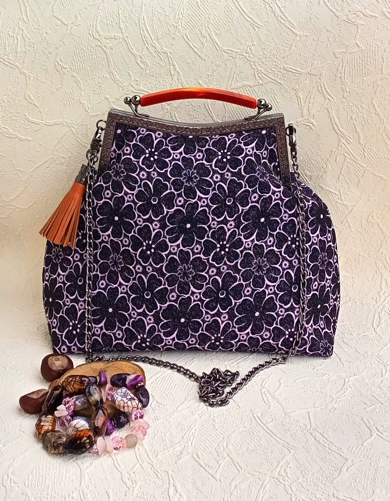 Floral Jacquard Kisslock Bag – Purple Vintage Metal Frame Handbag with Leather Tassel, Chain Strap and Top Handle Boho Purse
