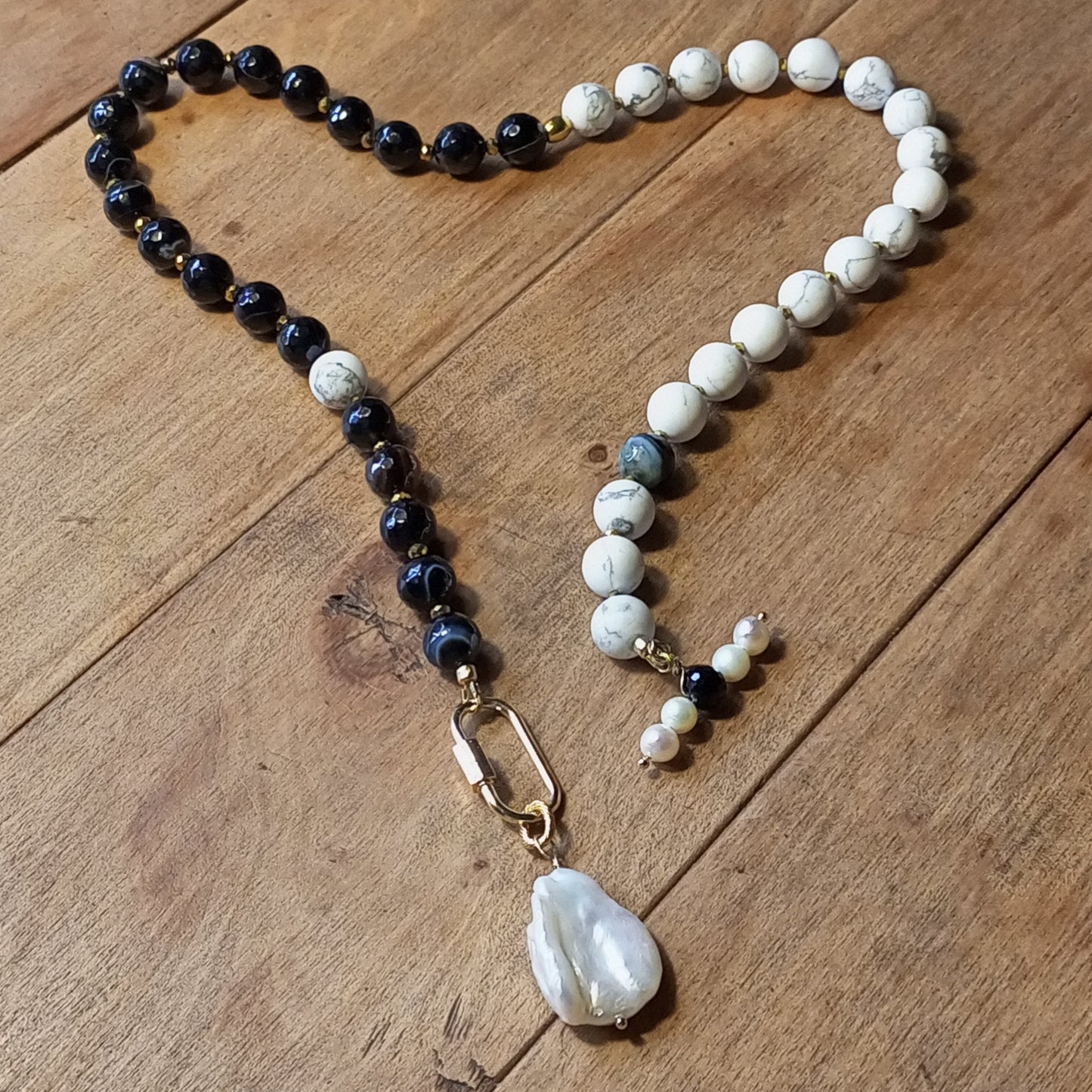 Madagascar Agate Necklace with Baroque Pearl – Black White Gemstone Jewelry, Howlite &amp; Freshwater Pearl Necklace, 14K Gold Filled Gift for Her
