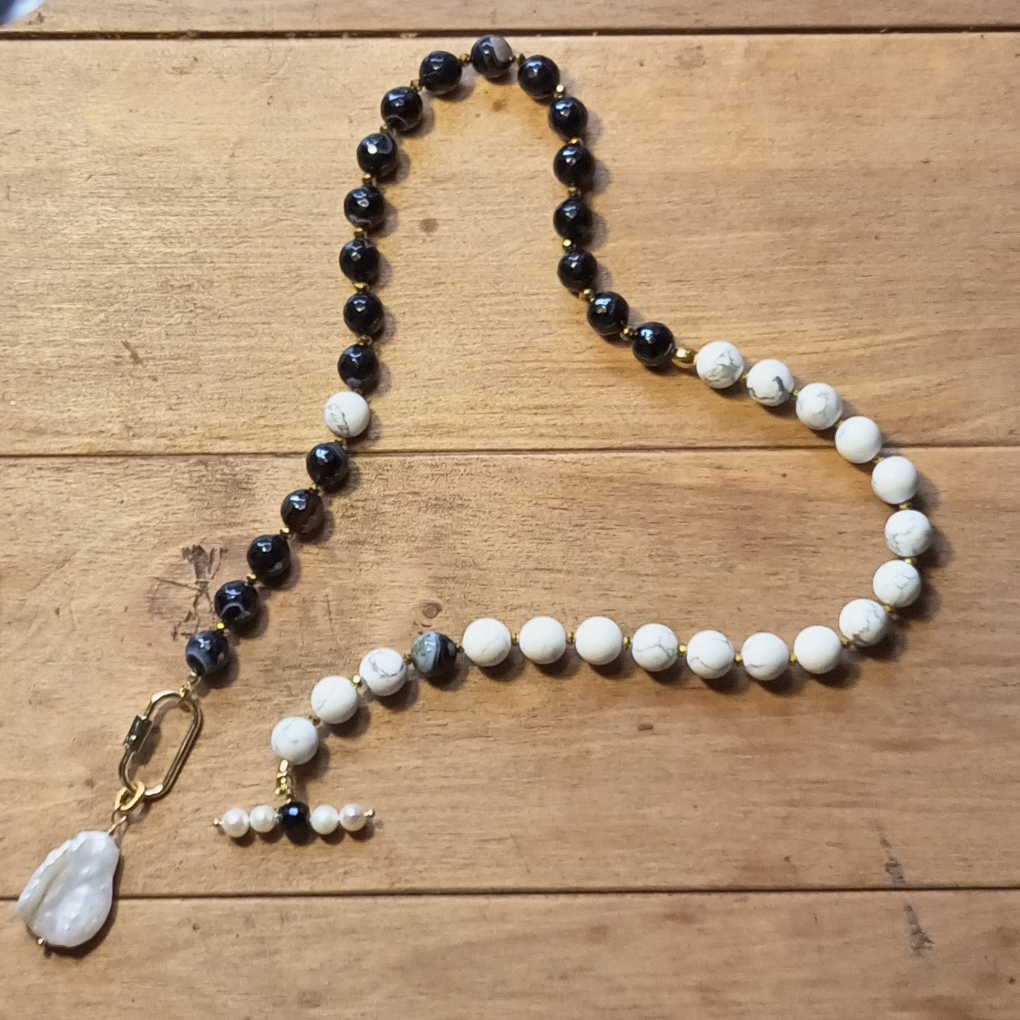 Madagascar Agate Necklace with Baroque Pearl – Black White Gemstone Jewelry, Howlite &amp; Freshwater Pearl Necklace, 14K Gold Filled Gift for Her