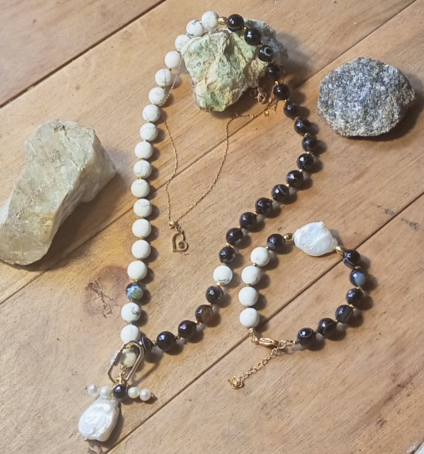 Madagascar Agate Necklace with Baroque Pearl – Black White Gemstone Jewelry, Howlite &amp; Freshwater Pearl Necklace, 14K Gold Filled Gift for Her