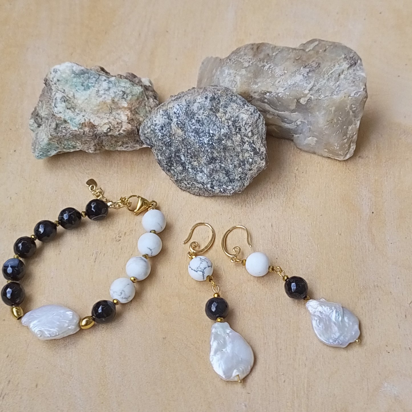 Madagascar Agate & Howlite Earrings with Baroque Pearl – Black White Gemstone Earrings, 14K Gold Filled Bridal Jewelry Gift for Her