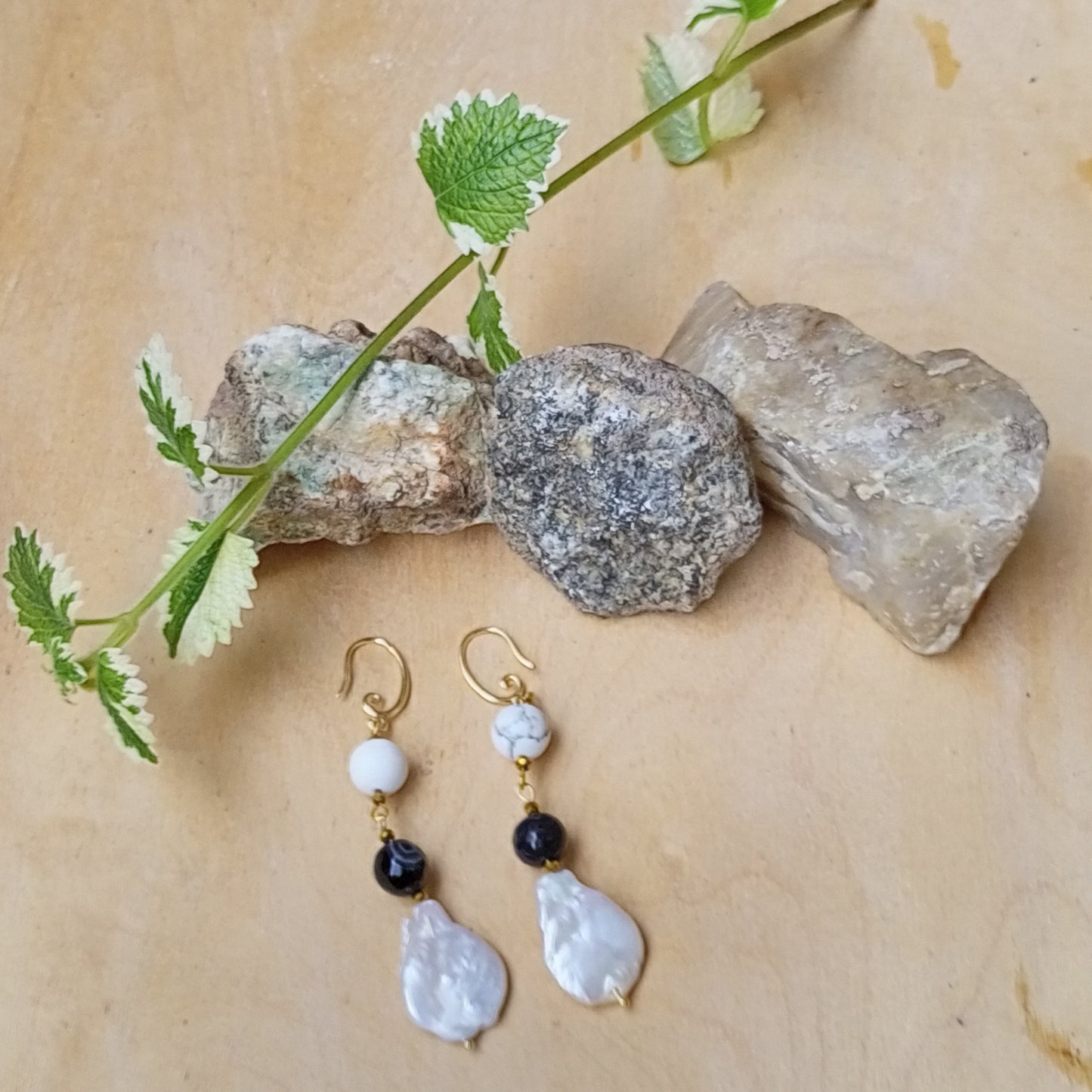 Madagascar Agate & Howlite Earrings with Baroque Pearl – Black White Gemstone Earrings, 14K Gold Filled Bridal Jewelry Gift for Her