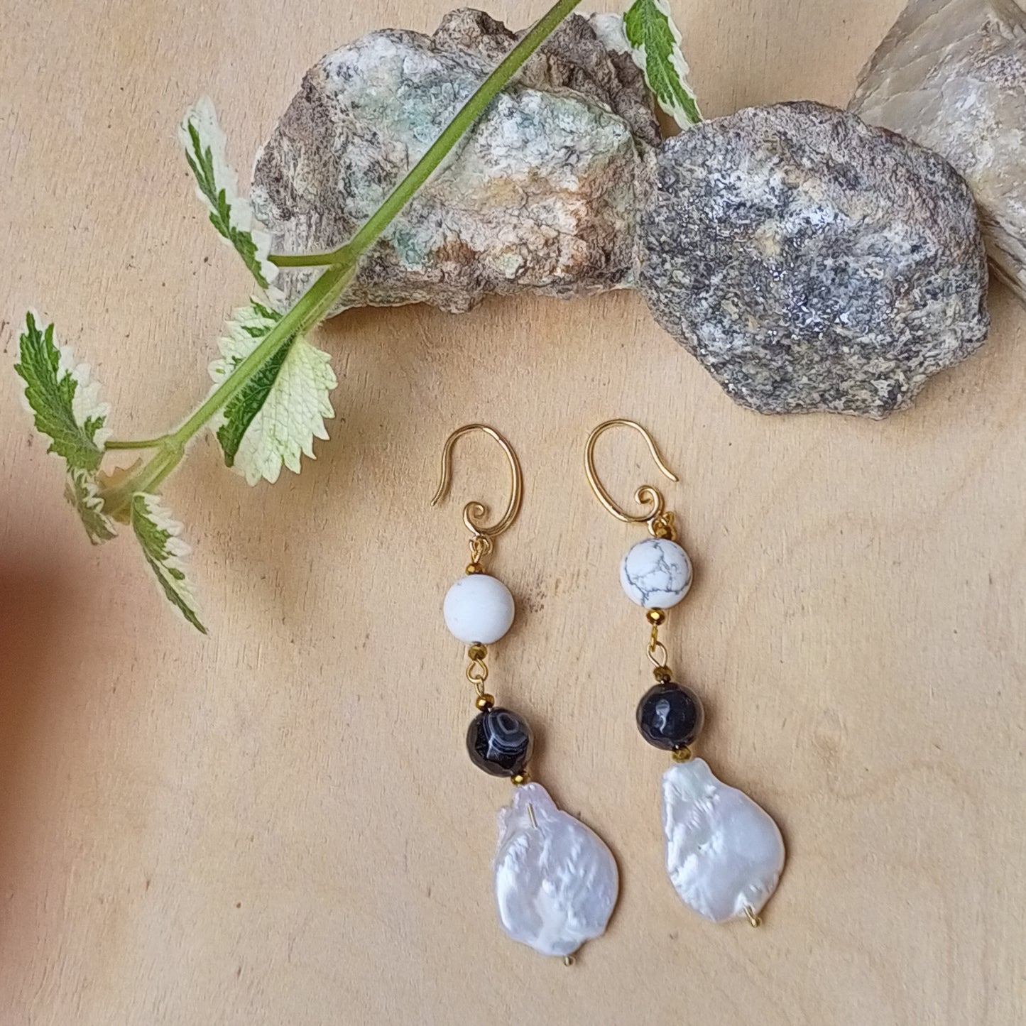 Madagascar Agate & Howlite Earrings with Baroque Pearl – Black White Gemstone Earrings, 14K Gold Filled Bridal Jewelry Gift for Her