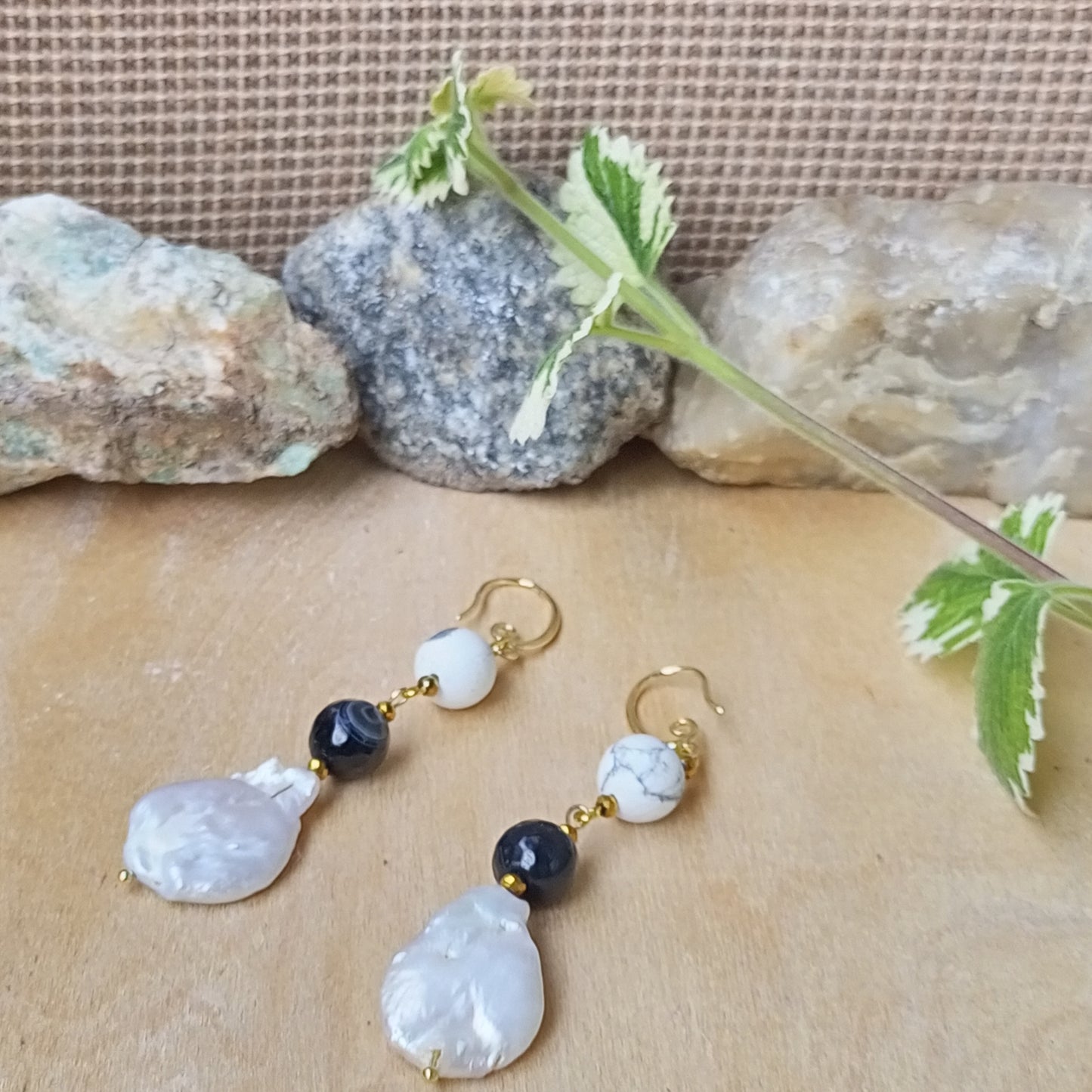 Madagascar Agate & Howlite Earrings with Baroque Pearl – Black White Gemstone Earrings, 14K Gold Filled Bridal Jewelry Gift for Her