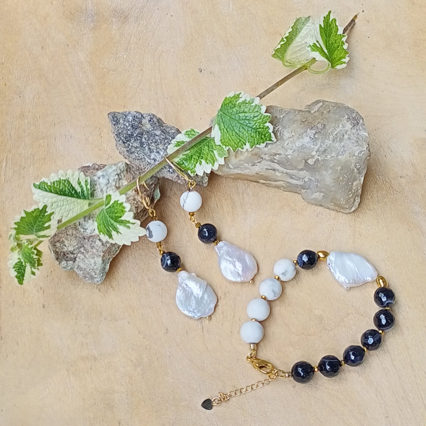 Madagascar Agate & Howlite Earrings with Baroque Pearl – Black White Gemstone Earrings, 14K Gold Filled Bridal Jewelry Gift for Her