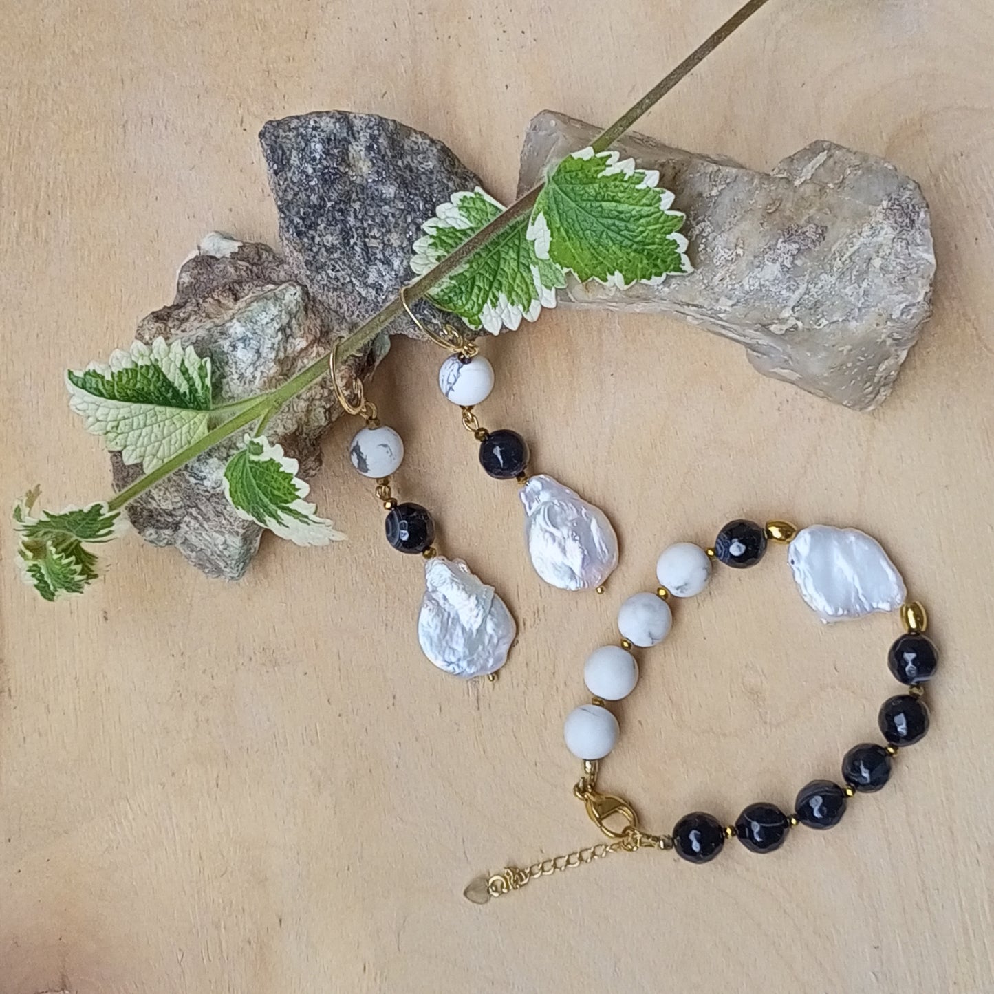 Madagascar Agate & Howlite Earrings with Baroque Pearl – Black White Gemstone Earrings, 14K Gold Filled Bridal Jewelry Gift for Her