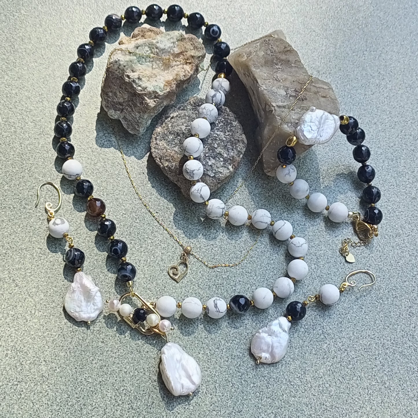 Madagascar Agate & Howlite Earrings with Baroque Pearl – Black White Gemstone Earrings, 14K Gold Filled Bridal Jewelry Gift for Her