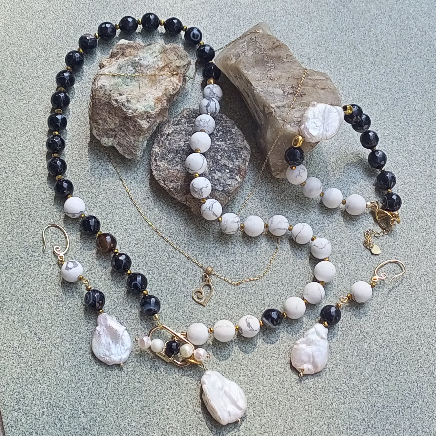 Madagascar Agate & Howlite Earrings with Baroque Pearl – Black White Gemstone Earrings, 14K Gold Filled Bridal Jewelry Gift for Her